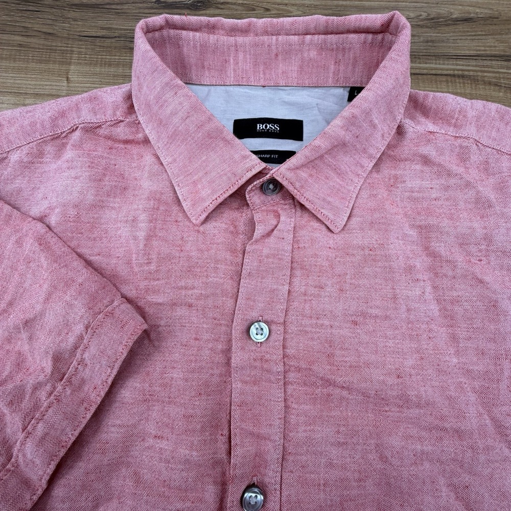 Hugo‎ Boss Mens Large Robbie Sharp Fit Pink Red Linen Cotton Short Sleeve Shirt